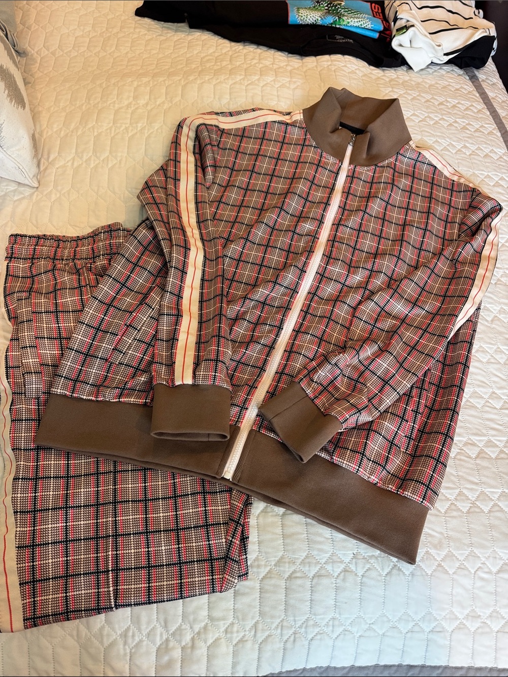 Men’s Plaid Track Pajama Set in Brown and Red - Lightweight Zip Jacket & Pants